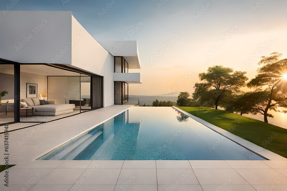 Exterior of modern minimalist cubic villa with swimming pool view