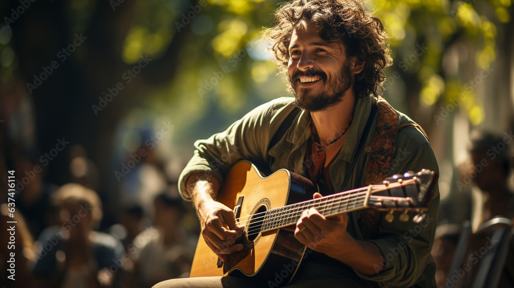 Obraz premium Cheerful street musicians playing a guitar.