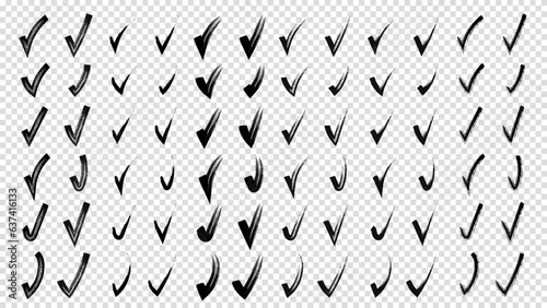 Brush hand drawn painted checkmarks set collection. Collection of hand doodle check marks ticks. Pencil black scribble sketches isolated on transparent background. Vector illustration.