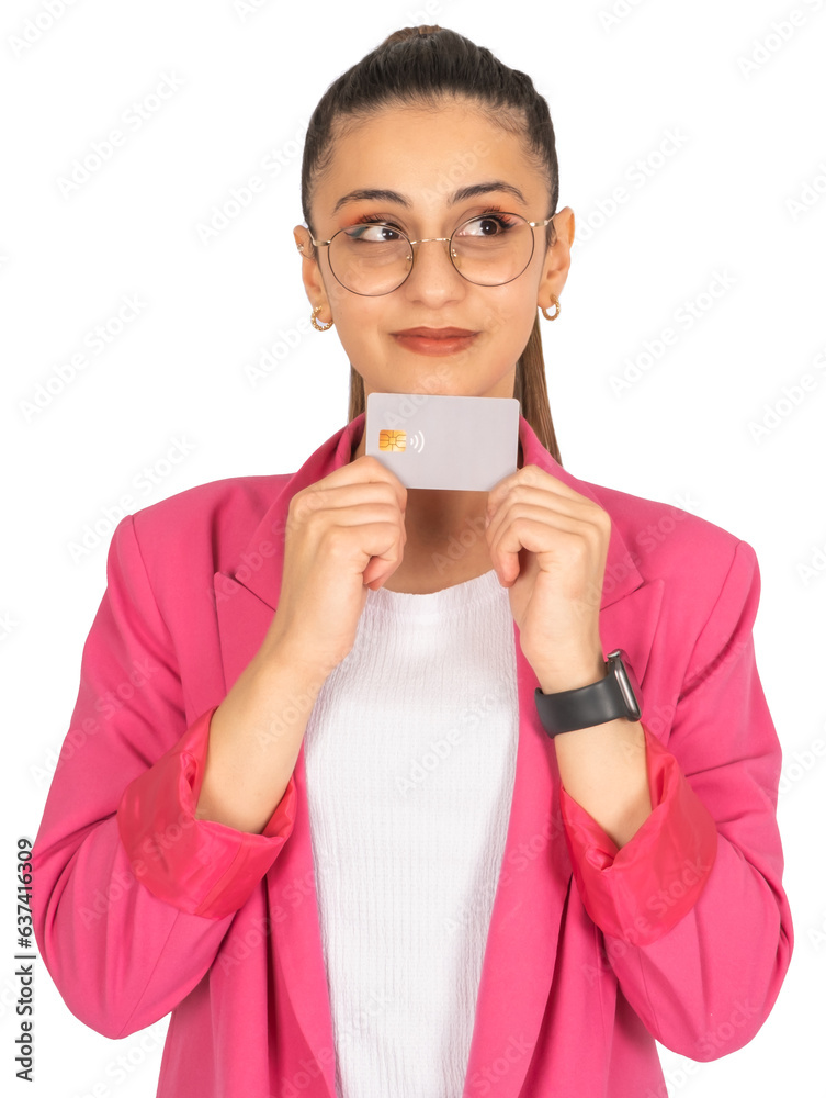 Holding credit card, young pensive dreamful rich caucasian brunette woman holding credit card. Wearing pink jacket. Looking aside. Thinking buying online. Shopping concept. Copy space. Holding credit card, young pensive dreamful rich caucasian brunette woman holding credit card. Wearing pink jacket. Looking aside. Thinking buying online. Shopping concept. Copy space.