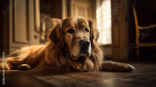 Golden Retriever lying on the floor at home in the evening