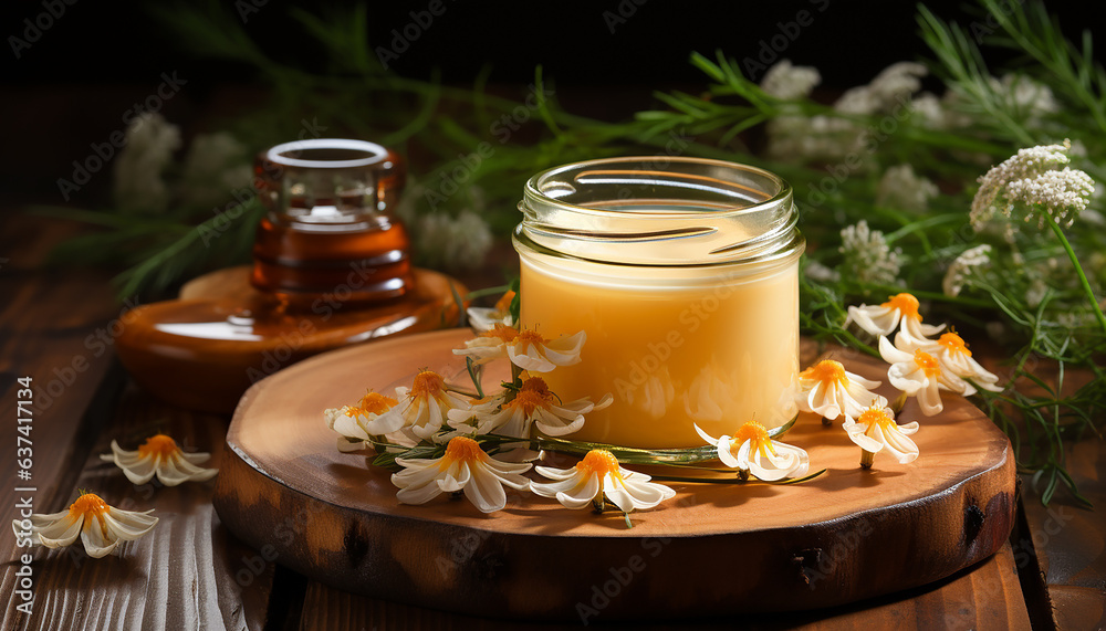 An open glass jar of creamy honey stands on a stand made of natural wood. Near meadow and wild flowers and herbs. Composition on the background of a wooden table. Still life in rustic style. An open glass jar of creamy honey stands on a stand made of natural wood. Near meadow and wild flowers and herbs. Composition on the background of a wooden table. Still life in rustic style.