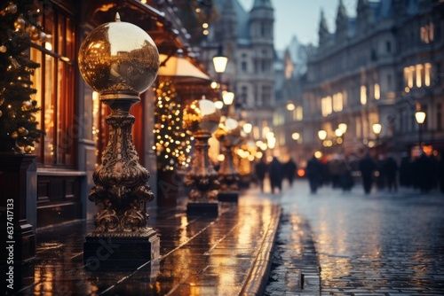 City street decorated for Christmas with selective focus. Merry christmas and happy new year concept. © top images