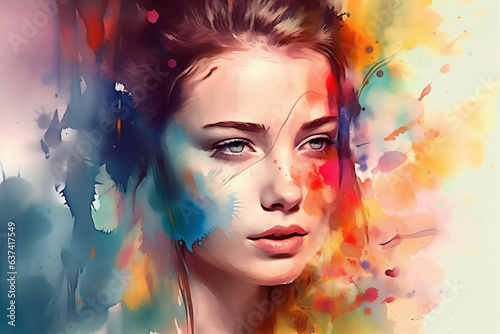 feminine woman colourful lip face portrait beauty style art watercolor illustration. Generative AI.