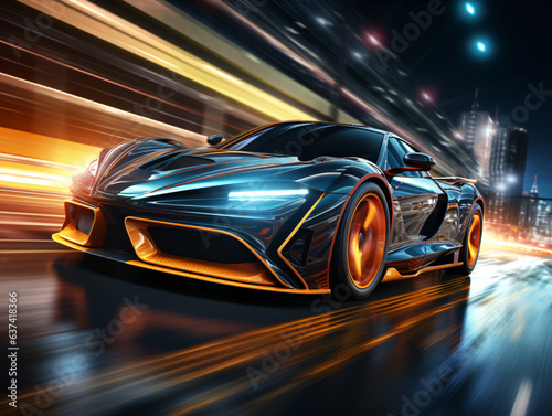a futuristic sports car races along a neon-lit highway within a dark tunnel, bathed in a mesmerizing blend of black and blue neon hues