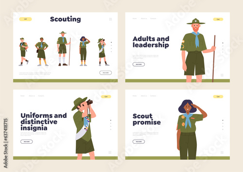 Scout club landing page template isolated set for online service offering knowledge information