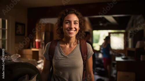 Young female college student moving her stuff out of home to a college dorm with her smiling parents in the background, Generative AI