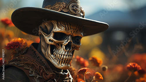 Canvas Print Skeleton cowboy with hat in outdoor background.