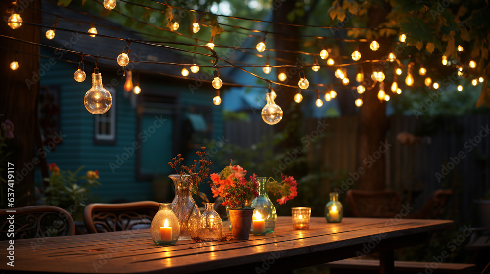 Party string lights hanging in the backyard.