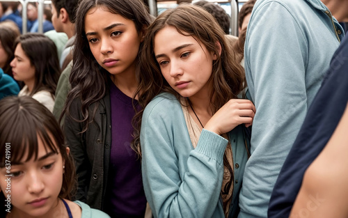 Discomfort of cramped public transportation, people are cramped, two sad young women