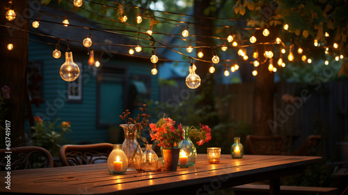 Party string lights hanging in the backyard.