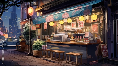 a beautiful japanese tokyo city ramen shop restaurant bar in the dark night evening. house at the street. anime cartoonish art style. cozy lofi asian architecture. 16:9 4k resolution. Generative AI