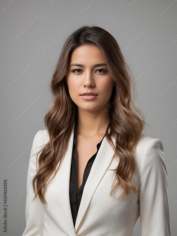 young business executive, women, long hair, smailing, studio shot, white background young business executive, women, long hair, smailing, studio shot, white background