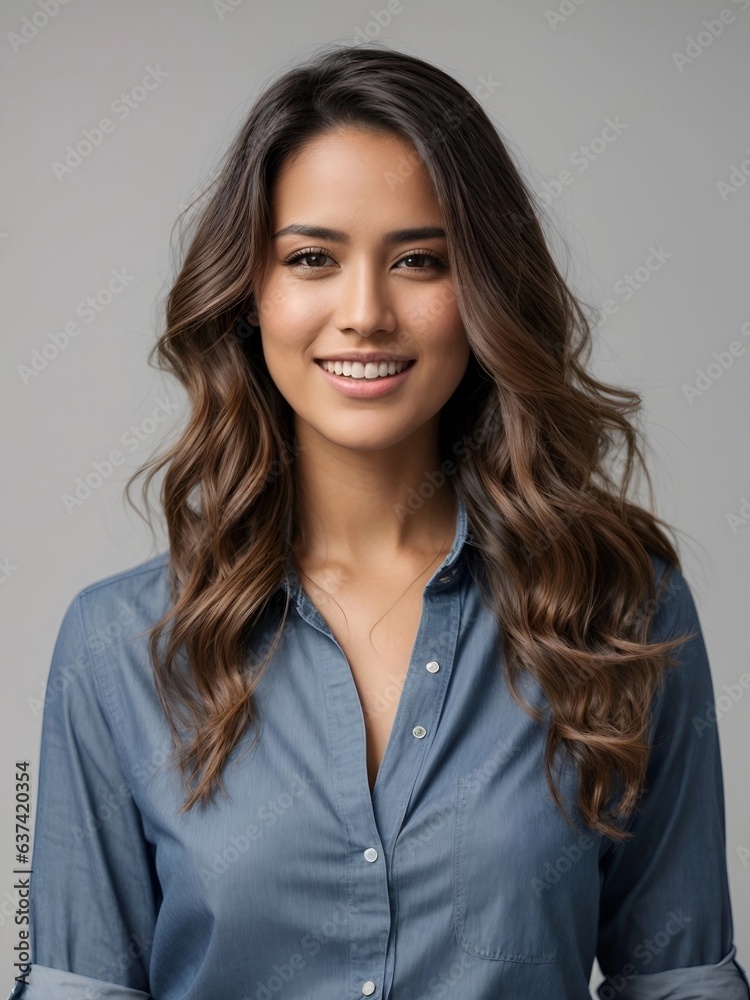 young business executive, women, long hair, smailing, denim shirt, studio shot, white background.. young business executive, women, long hair, smailing, denim shirt, studio shot, white background..