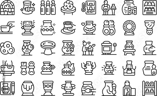 Pottery lessons icons set outline vector. Woman people. Hobby work