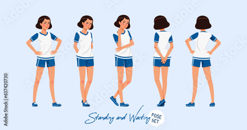 Sporty teenage active girl set standing, waiting poses. Young woman wearing activewear athletic boys outfit. Health, wellness, physical education, fitness female coach. Cartoon character illustration