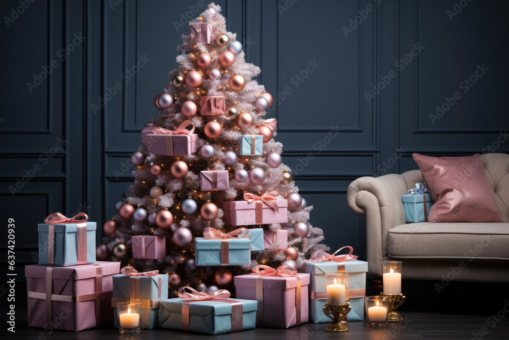Pink christmas tree with gifts on Blau wall background 