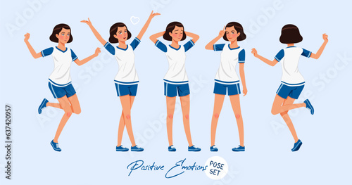 Sporty teenage active girl set feeling positive emotions. Young woman wearing activewear athletic boys outfit. Health, wellness, physical education, fitness lady coach. Cartoon character illustration