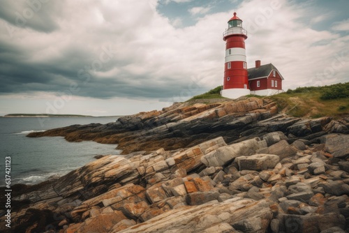 A picturesque red and white lighthouse standing proudly on a rugged rocky shore