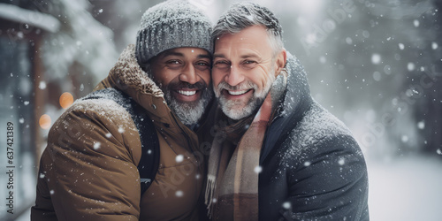 Two men in their 40s portrait, cute gay couple in love hugging each other on a winter day, snow falling, smiling, romantic atmosphere.