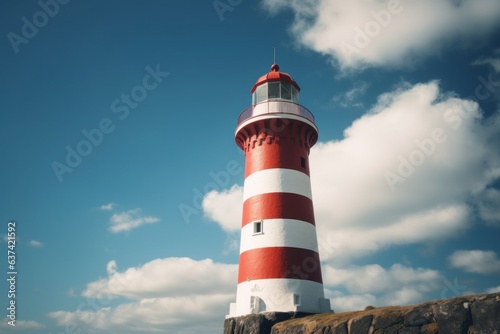 A picturesque red and white lighthouse perched atop a rugged cliff