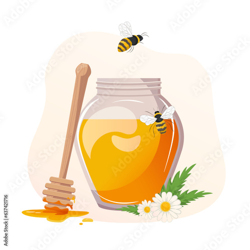 A glass pot full of honey and honey dipper. Vector illustration cartoon flat icon isolated on white.