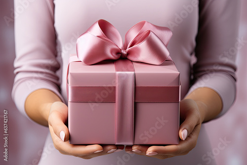 Woman hands with pink rose present box 
