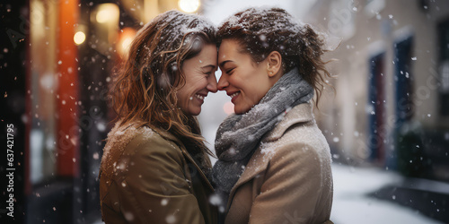 Two women in their 40s portrait, cute lesbian couple in love hugging each other on a winter day, snow falling, smiling, romantic atmosphere. 
