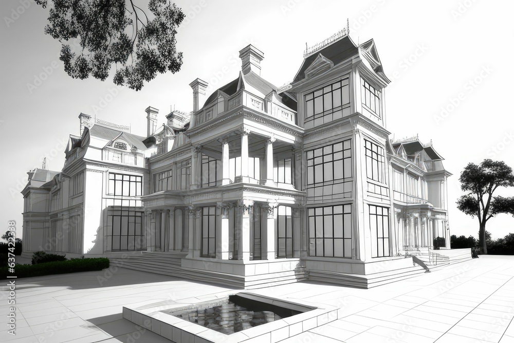 Combining contrasting realistic and wireframe images of a lavish mansion Combining contrasting realistic and wireframe images of a lavish mansion