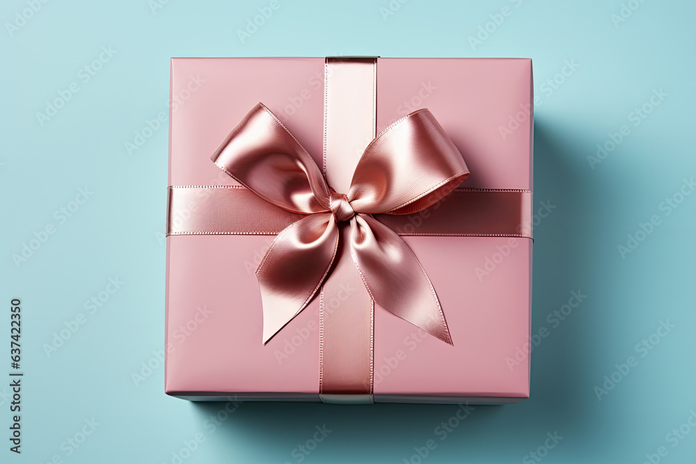 Pink gift box with bow on blue background, close up Pink gift box with bow on blue background, close up