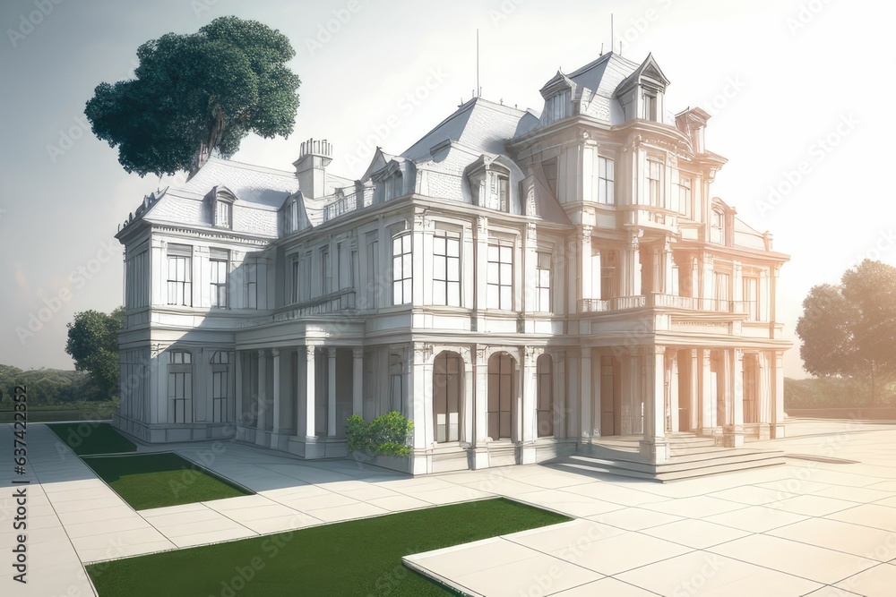 Combining contrasting realistic and wireframe images of a lavish mansion