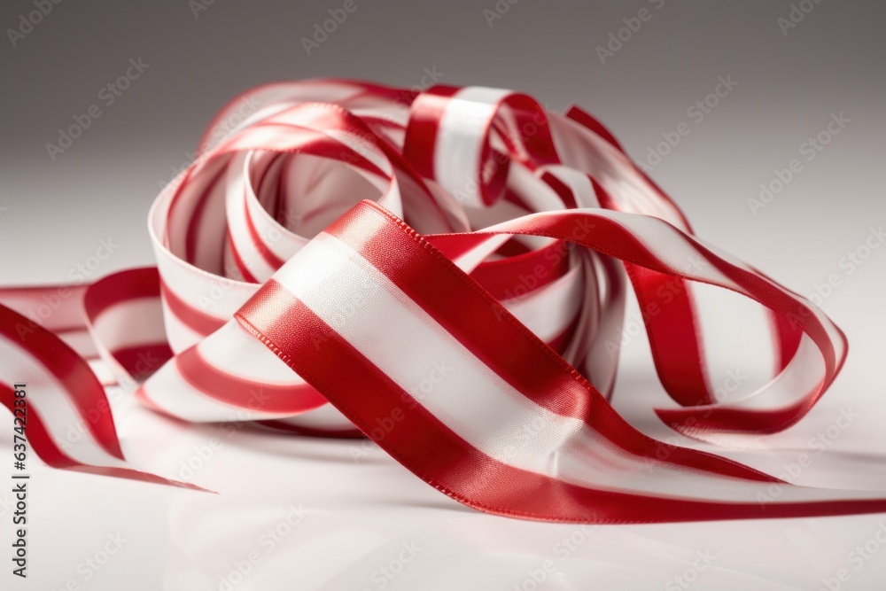A red and white ribbon on a white surface A red and white ribbon on a white surface