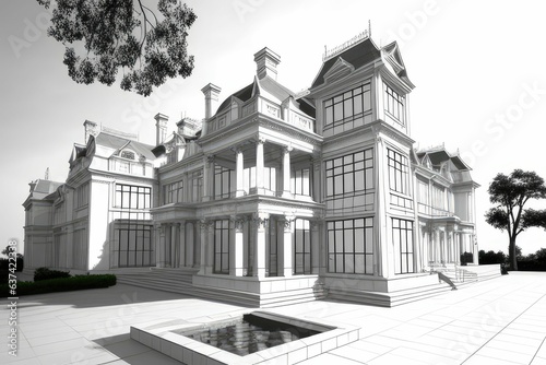 Combining contrasting realistic and wireframe images of a lavish mansion