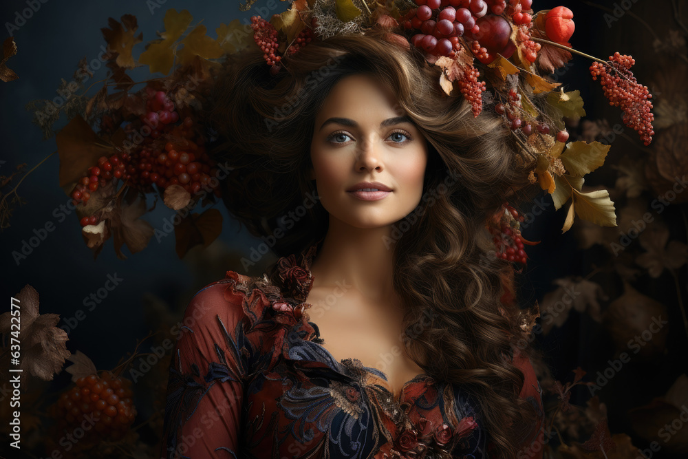 Portrait of woman with grape fruits and leaves wreath on the head Portrait of woman with grape fruits and leaves wreath on the head