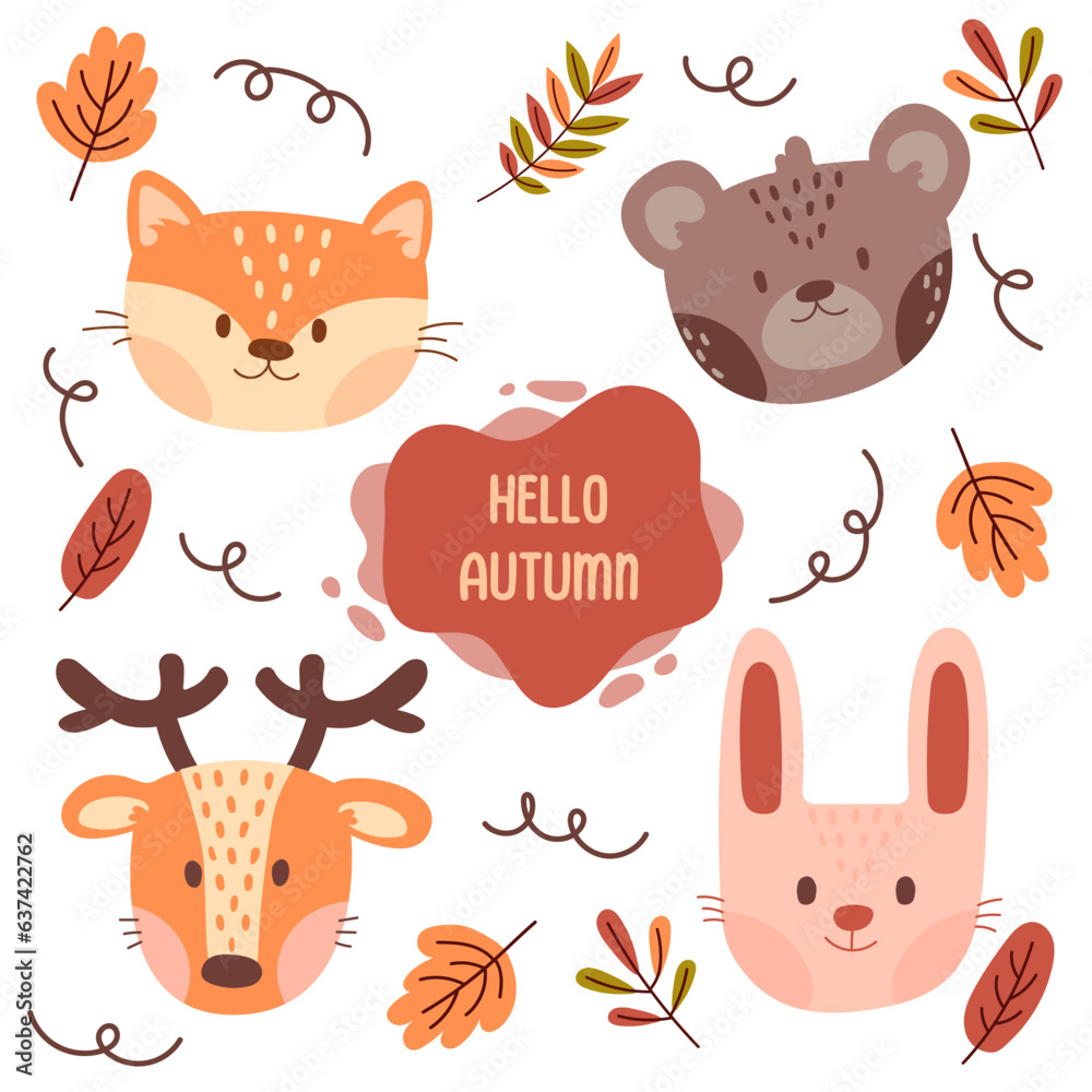 Fototapeta premium vector cute autumn animals forest animals. autumn leaves