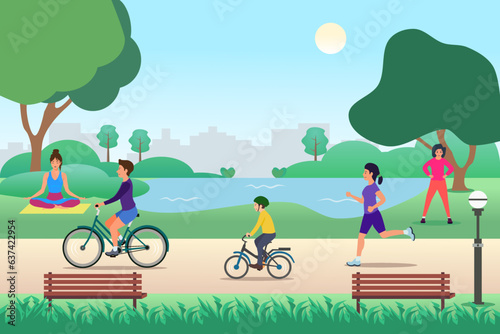 Park activities. Outdoor sport workout and healthy lifestyle, people running, riding bicycle, exercise, yoga, and jogging.