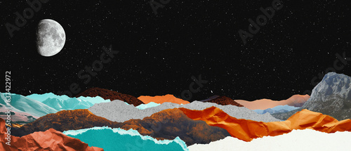 Surreal collage composition made of torn pieces of vintage paper and photos. Cut out fragments. Full moon wide screen illustration with copyspace.