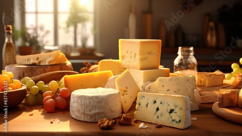Fototapeta Naklejka Na Ścianę i Meble -  Generative AI, Different types of cheese on the table