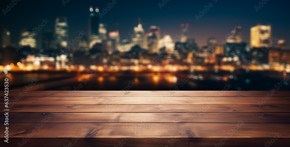 Wood table top with blurred abstract background of city night lights downtown city view. Wooden table with blur background of cityscape. Using for mock up template for display of your design, ai	