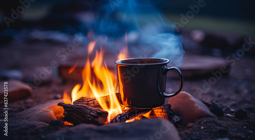 Metal campfire enamel mug with hot herbal tea on campfire. a pot of water boiling over a fire and a flame. Preparing food on campfire in wild camping, digital ai 