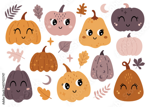 Cute cartoon pumpkins clipart in flat style. Halloween pumpkins clipart for Halloween baby party, prints, decor. Vector illustration