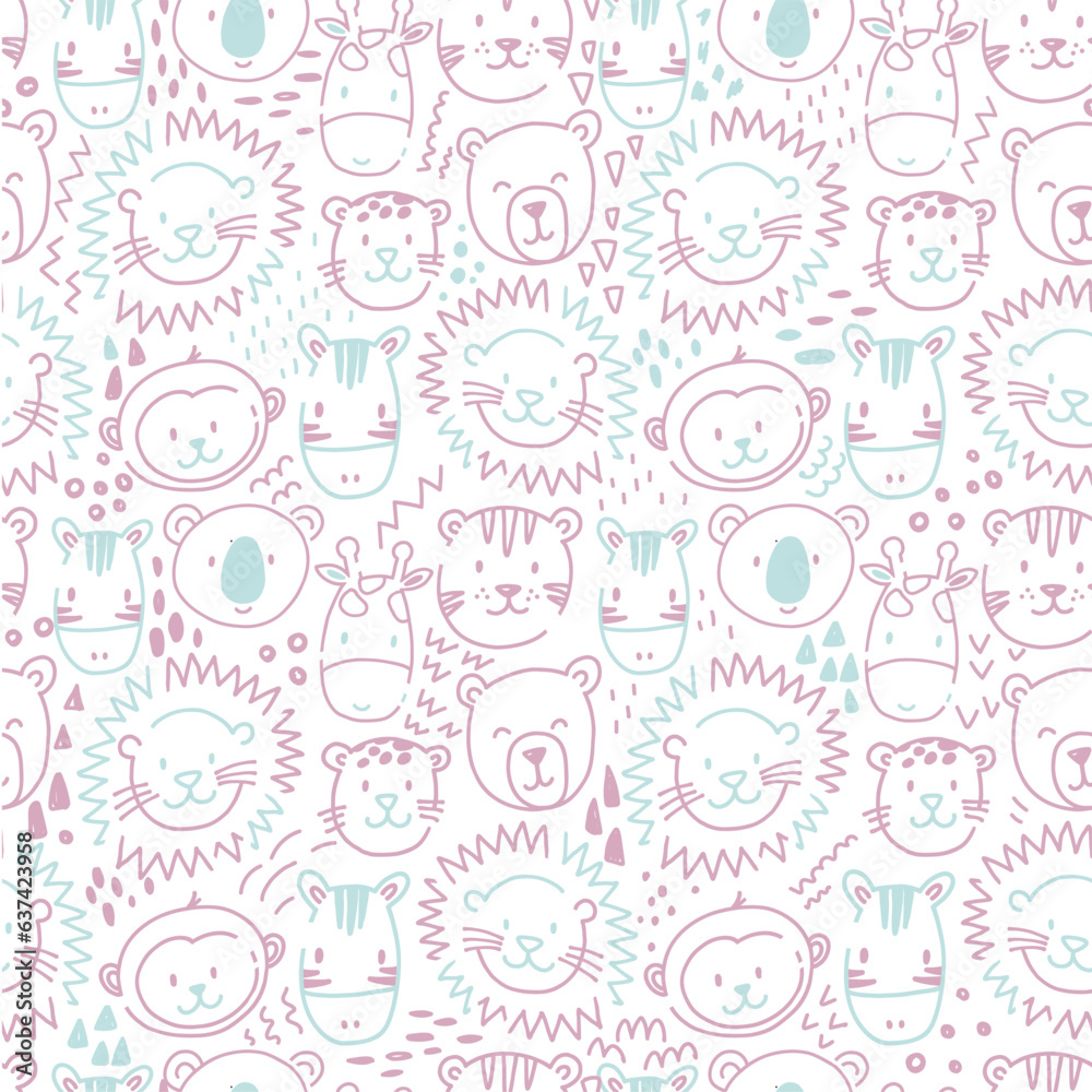 Beautiful kids vector seamless pattern with cute hand drawn safari animal faces. Children stock lion tiger bear zebra monkey illustratrion. Beautiful kids vector seamless pattern with cute hand drawn safari animal faces. Children stock lion tiger bear zebra monkey illustratrion.