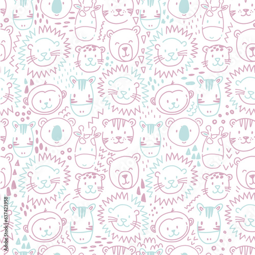 Beautiful kids vector seamless pattern with cute hand drawn safari animal faces. Children stock lion tiger bear zebra monkey illustratrion.