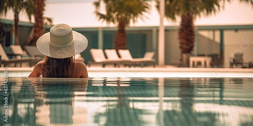 Tropical tranquility. Woman enjoying pool. Splashes of happiness. Summer vibes. Luxury leisure © Thares2020