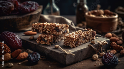 Homemade granola energy bars with figs, oatmeal, almond, dry cranberry, chia and sunflower seeds, healthy snack.