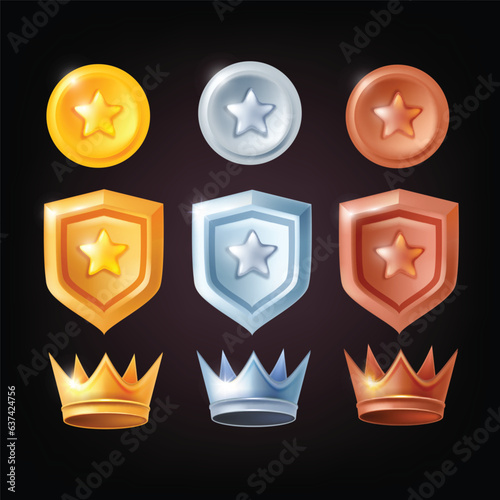 3D game badge vector kit, level up UI medal set, ranking golden shield, silver fantasy crown star. Award medieval king royal icon, bonus winner metal prize bronze trophy success reward. RPG game badge
