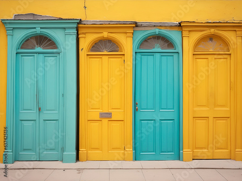 Puertas de madera en color celeste y amarillo. Vista de frente y de cerca. Copy space. IA Generativa © Mercedes Fittipaldi