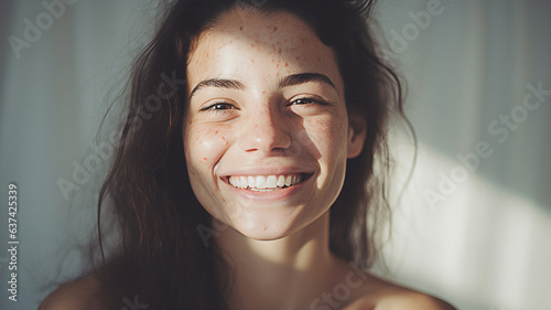 National Acne Positivity Day. Portrait of confident happy smiling Woman Acne Skin. Closeup of girl With Hormonal Acne Pimples skin photo