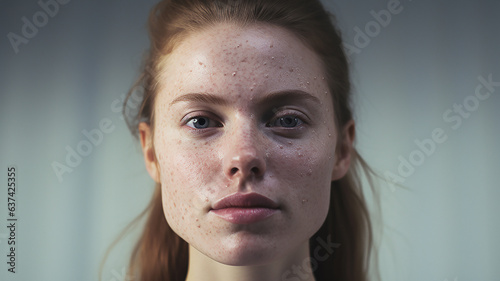National Acne Positivity Day. Portrait of confident Woman Acne Skin. Closeup of girl With Hormonal Acne Pimples skin photo