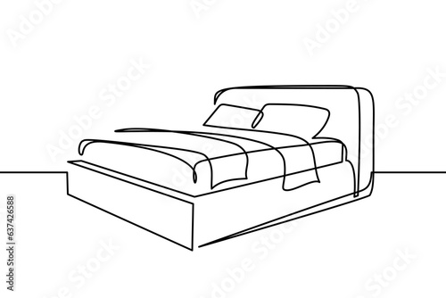 Bed in continuous line art drawing style. Double-size bed with bedding. Home furniture black linear design isolated on white background. Vector illustration